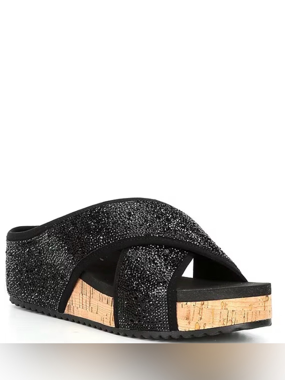Copper Key Black Glitter Cork Wedge Slide Sandals